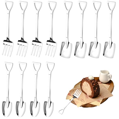 EXIN DEHCEN 12 Stück Edelstahl Spatenlöffel Löffel Gabel Set, Schaufelförmiger Kreativer Schaufelnetz, Kaffeelöffel, Teelöffel, Eislöffel, Dessertlöffel, Kuchengabeln, für Küche Restaurant