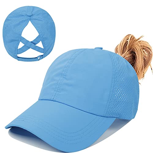 Pferdeschwanz Baseballkappe Damen Sommer Einstellbare Schnell trocknende Masche Atmungsaktiv Baseballmütze Unisex Criss Cross Hüte Sport Mütze (Blau)