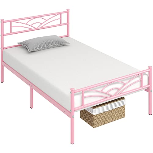 Yaheetech Bettrahmen Metallbett Gästebett Bettgestell aus Metall, Modern Jugendbett mit Lattenrost, für Schlafzimmer Gästezimmer 90 x 200 cm/Hellrosa