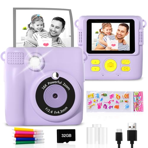 GKTZ Sofortbildkameras Kinder - 1080P HD Sofortdruck von Fotos - Geburtstag Geschenk für Mädchen im Alter von 4 5 6 7 8 9 10 Jahren - Tragbares Spielzeug mit 3 Rollen Fotopapier, 32-GB-Karte - Lila