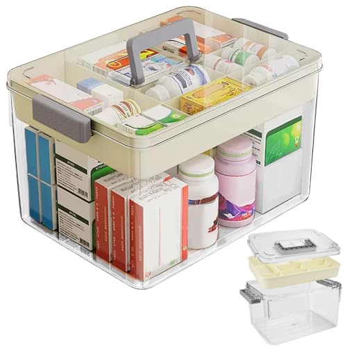 ADERTOS Medizinbox Doppelschichtig Medicine Box Hausapotheke Kiste Plastik Apotheken Organizer Kunststoff Aufbewahrungsbox Medikamente Erste Hilfe Box mit Griffe 26x16x15cm Medizinkoffer für zuhause