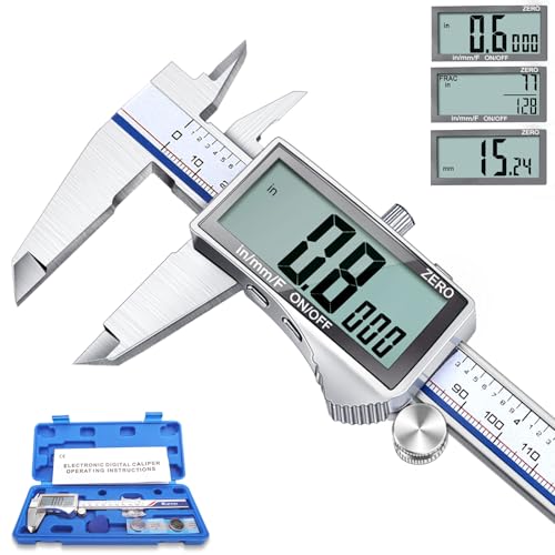 Kynup Digitaler Messschieber mit LCD-Bildschirm, 150mm Digitale Schieblehre Edelstahl, Spritzwassergeschützt, Millimeter/Zoll/Fraktion Umwandlung, Metall Messschieber Digital, Großer Vollbild