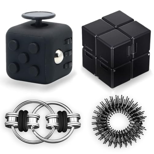 Steemjoey 4 Stück Fidget Toys Set, Anti-Stress Würfel Spielzeug, Infinity Cube, Key Flippy Chain, Finger Massageringe, Anti Stress Spielzeug Geburtstagsgeschenke für Erwachsene Kinder (Schwarz)