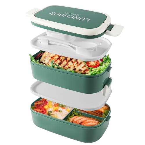 Bento Lunch Box stapelbar, 1400ml Behälter mit 4 Fächern und Besteck, auslaufsichere 2-Schicht-Boxen, für Erwachsene Kinder Büro, Mikrowelle spülmaschinenfest (Grün)