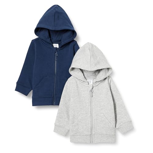 Amazon Essentials Unisex Kinder Kapuzenpullover mit Reißverschluss aus französischem Frottee, 2er-Pack, Hellgrau Meliert/Marineblau, 3 Jahre