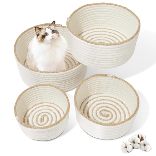 HDRNT Aufbewahrungskorb Geflochten Baumwollseil, Stapelbare Speicher Storage Basket,Körbchen Wickeltisch Organizer Korb,Aufbewahrung Körbe für Körbchen Badezimmer Accessoires 25*25cm (Weiß+Hanffarbe)