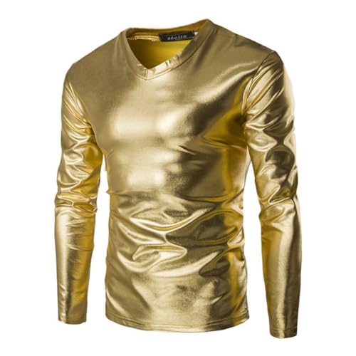 Herren Metallic Hemden, langärmelige glänzende Wet Look Tunika Oberteile für Clubwear, V-Ausschnitt solides Leder Party T-Shirt, schmal geschnittene, lässige Pullover für Tanz Disco-Nachtclub Kostüme