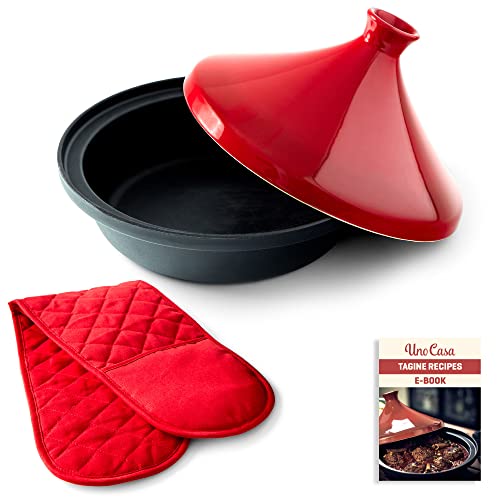 Uno Casa Marokkanische Tajine-Auflaufform – Topf aus Gusseisen, 3,5 l, mit emailliertem Gusseisenboden und kegelförmigem Deckel