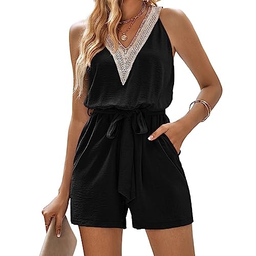 KOEMCY Jumpsuit Damen Kurz Sommer V-Ausschnitt Playsuit Gürtel Kurzarm Breites Hosenbein Romper Casual Overalls mit Taschen (Schwarz, XL)
