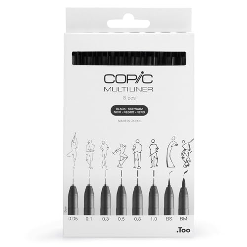 Copic Multiliner Set schwarz, 8 Stifte in 8 verschiedenen Strichstärken mit wasserfester Pigmenttinte, wischfest und UV beständig, für Skizzen und Illustrationen