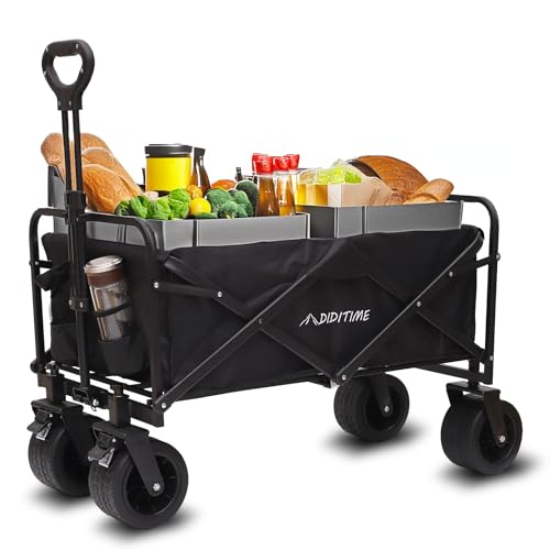 Bollerwagen Faltbar Strand Handwagen Verstellbarem D-Griff, Gartenwagen für Alle Gelände|Draussen Camping Einkaufen Handwagen Stummschalten Räder mit Bremsen, Klappbar Strandwagen (Schwarz, XXL)