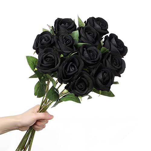 huaao 12 Stück Künstliche Rosen Seide Blumen, Hochzeitsarrangements Seidenrosen Single Stem Realistic Fake Rose Bouquet für Brautstrauss Hochzeitssträuße Dekoration, Schwarz