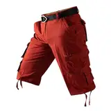 Leichte Sommer Shorts Herren Tasche Große Größe Fünf-Minuten-Hosen Outdoor Cargohose Workout(Rot,32)