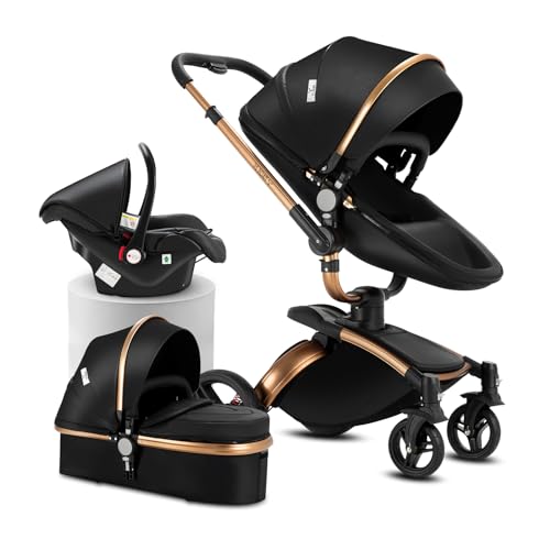 Reenborn PU-Leder Kinderwagen 3 in 1, Buggy mit Verstellbarem Sitz 360° Drehbar, Kinderwagen Rahmen Aluminiumlegierung, Kinderwagen 3 in 1 Komplettset Ein-Klick-Faltdesign Hohe Landschaft (906 Black)