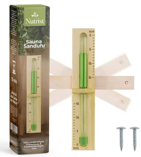 Nutrist® Sauna Sanduhr 15 Minuten 100% nachhaltige Forstwirtschaft - Grüner Natursand + 2 Edelstahl Schrauben - Glas robust & hitzebeständig - Saunauhr - Premium Sauna Zubehör