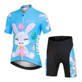 L PATTERN Kinder Radtrikot Set Jungen radsport anzüge (Fahrrad Trikot Kurzarm + Radhose) Mädchen Fahrradbekleidung Anzug mit Sitzpolster, Hase auf Blau, 122/128(Tag:M)