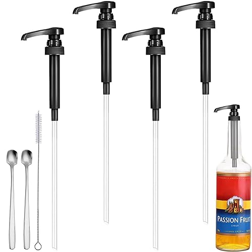 Tomuvpzn 4 Stück Sirup Spender,Pumpspender Sirup Spender Wiederverwendbarer Pumpenaufsatz, Dosierpumpe für 750 ml mit 2 Löffel, 1 Reinigungsbürste Kaffee Sirup Pumpe Wohnungen Küchen Cafés Bars