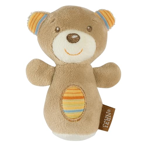 Fehn Mini-Rassel Teddy – Mini-Greifling zum Rasseln, Fühlen, Spielen - kuschelweiches Stoff-Tier – ein treuer Begleiter für Babys und Kleinkinder ab 0+ Monaten