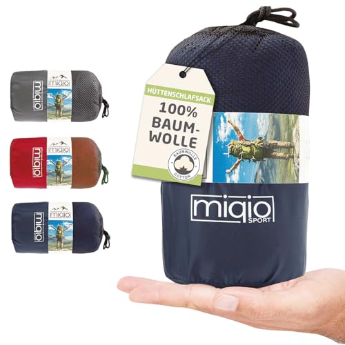 Miqio® 2in1 Baumwoll-Hüttenschlafsack mit durchgängigem Reißverschluss (Koppelbar): Leichter Komfort Reiseschlafsack und XL Reisedecke in Einem - Sommer Schlafsack Innenschlafsack (Blau,Rechts)