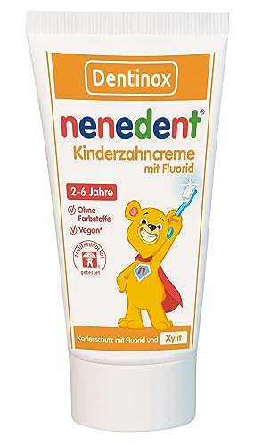 Nenedent Kinderzahncreme - der 3-fach Schutz gegen Karies - härtet den Zahnschmelz der Milchzähne - 1.000 ppm - 13% Xylit-Anteil - VEGAN und ohne Farbstoffe - 1x50ml