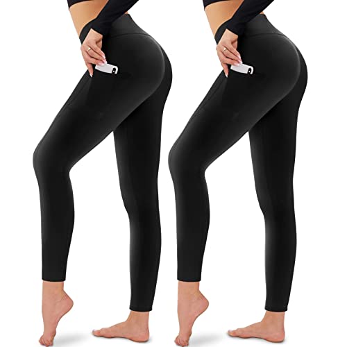 CAMPSNAIL 2er Pack Leggings für Damen Mit Taschen High Waist Blickdicht Leggins Schwarz Treggins Sportleggins Yogaleggings für Sport, Freizeit, Fitness(2 Tasche-Schwarz*2,S-M(34-40))