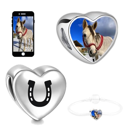 HUFEISEN Personalisiert Schmuck Foto Charm Liebes Herz kompatibel mit Pandora Armband Pferd Fügen Sie Ihr Bild hinzu