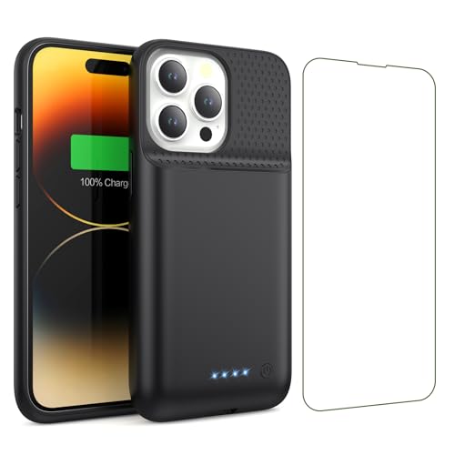 Akku Hülle für iPhone 14/13 Pro/13, HETP [7500 mAh] Wiederaufladbar Batterie Ladehülle Akku mit Schutzfolie,Tragbares Batterieladegerät Hülle Leistungsstarke Power Bank für iPhone 14/13 Pro/13-Schwarz