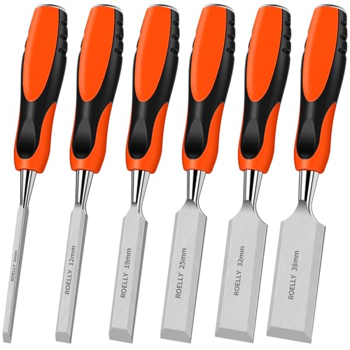 ROELLY 6 Stück Stechbeitel Set für Holz, 6, 12, 19, 25, 32, 38 mm, Schnitzwerkzeug,Holzwerkzeug,Scharfe Klingen Mit Bequemen Griffen Zum Holzschnitzen