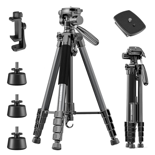 CAMBOFOTO 74"/188cm Aluminium Kamerastativ, Tragbar mit 360° Kugelkopf mit Handyhalter, 1/4 Universal-Schraubbefestigung Leichtes Stativ,Kompatibel mit DSLR Kamera/Smartphone,4kg Belastbar, Schwarz