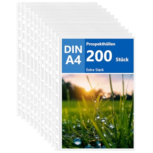 APACALI 200 Stück Klarsichthüllen A4, 0.06mm Prospekthüllen A4 mit Lochung, Extra Stark Klarsichtfolien A4, Oben Offen Klarsichthüllen A4 glasklar, Sicht-Hüllen Plastikhülle für A4 Ordner Dokumente