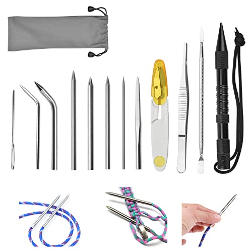 WENRERO 12 Stück Paracord Stitching Set Edelstahl FID Set Schnürnadeln und Glättungswerkzeug Paracord FID Marlinspike Paracord Nähen Schnürung Nähen Nadeln für DIY, Leder