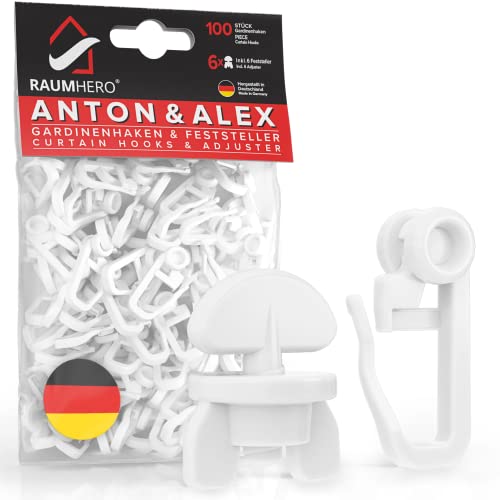 Raumhero® Gardinenröllchen für Schiene (Komplettset 100x Gardinenhaken inkl. 6X Stopper) - 8mm Standardmaß Gardinengleiter - Gardinenhaken für Schienen - 100% Made in Germany