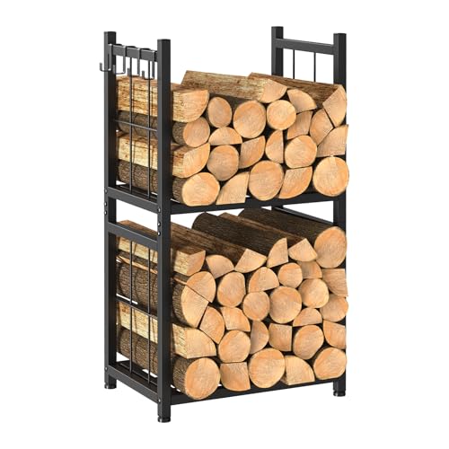 Shinoske Kaminholzregal Metall für innen, Brennholzregal Feuerholzregal mit 4 Haken für Kamin & Ofen, Kaminholzständer mit 2 Ablagen, Kaminholzlager Innen & Außen, 44 x 30.5 x 82 cm