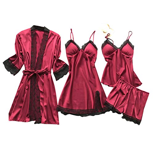 4-Teiliges Schlafanzug Damen Pyjama Set 4 Stück Set Satin Nachthemd Shorts Schlafanzug Spitze Nachtwäsche Sexy Seiden Nachtkleid Negligee Robe Frühling Sommer Herbst Morgenmantel Weich