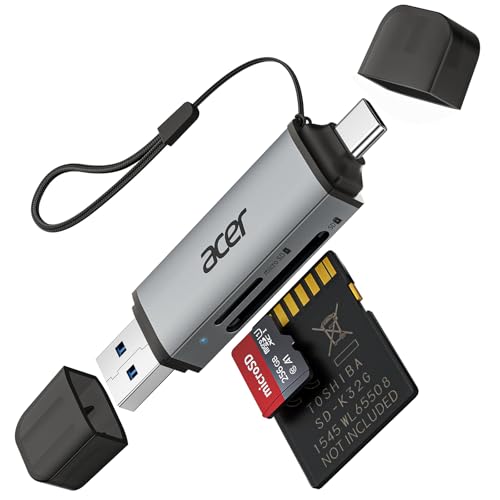 acer SD Kartenleser, Dual USB 3.0 USB C Stecker Kartenlesegerät, Aluminium OTG Adapter SD Card Reader Speicherkartenleser für SD/Micro SD/TF/SDHC/SDXC, iPhone 15-16/Android/Windows/macOS usw.