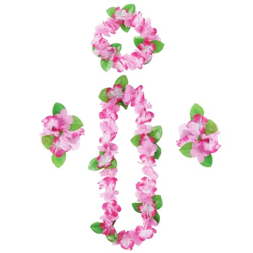 Aomig Hawaii Mottoparty Kostüme Set 4Pcs Hawaiian Hula Sets Hawaiianischer mit Halskette Blume Stirnband Armbänder für Mädchen Frauen Tropical Party FeierKostüm Cheerleading Strand Partys Ostern(Rosa)