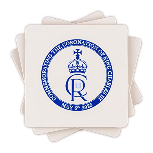 SHATCHI 4-teiliges Untersetzer-Set König Charles III Porträt Erinnerungsstücke Krönung Kaffee Tee Tasse Halter Gedenk-Souvenirs Geschenk Seine Majestät, weiß, 10 x 10 cm