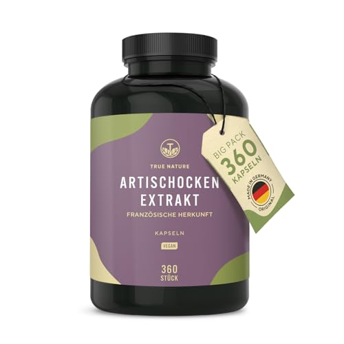 Artischockenextrakt hochdosiert - 360 Kapseln - 2400mg (60mg Cynarin) pro Tag - 90 Tage Vorrat - echte französische Artischocken Kapseln hochdosiert - Vegan - TRUE NATURE