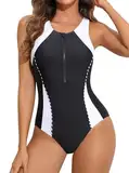 Charmo Damen Badeanzug Bauchweg Sport Schwimmanzug Einteiler Vorne Reißverschluss Bademode mit Cups Swimsuits for Women