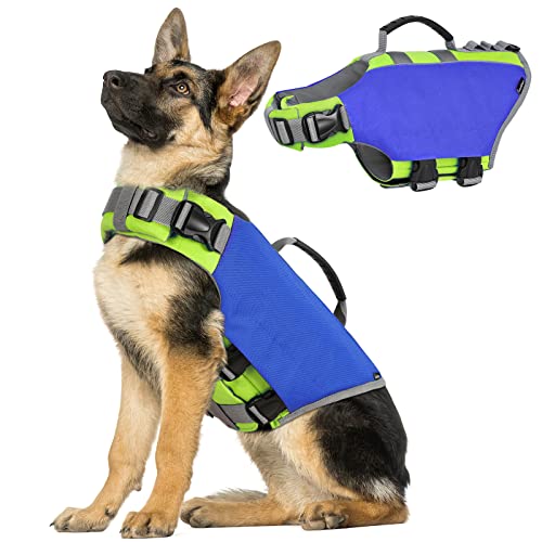 VavoPaw Hund Schwimmweste, Reflektierende Hundeschwimmweste Einstellbar Rettungsweste Ripstop Lifesaver mit Stark Auftrieb und Rettungsgriff Hunde Schwimmhilfe zum Schwimmen, Bootfahren, XL Dunkelblau