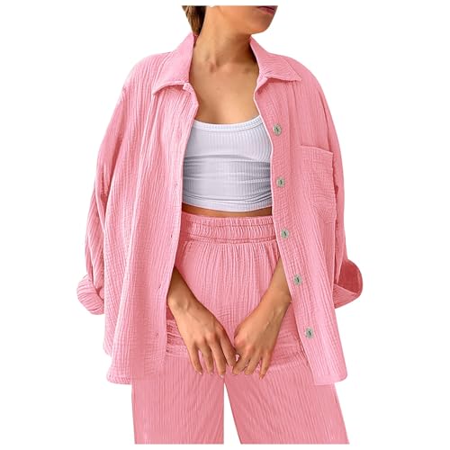 2025 2-teiliges Damen-Outfit, Bluse mit weitem Bein, Taschen, elastische Hosen-Sets, lässig, V-Ausschnitt, Hemd, Hose, modische Streetwear Jogginganzug Mollige (M)