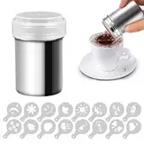 Powder Sugar Shaker, 1 Stücke Kaffeeschablone, Kakao Streuer 16 Stücke Kaffee Schablonen für Heiße Schokolade Brotdekoration