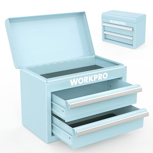 WORKPRO Mini-Werkzeugkasten aus Metall mit 2 Schubladen und oberem Fach, PVC-Futter und PP-Fußpolstern, Werkzeugkiste für Werkstätten, Büros und Zuhause, 27,5x15x20,8cm, Blau