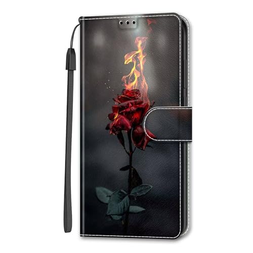 Rnrieyta Miagon Full Body Flip PU Leder Schutzhülle für Xiaomi 13T Pro/13T,Bunt Muster Hülle Brieftasche Case Cover Ständer mit Kartenfächer,Rose Feuer