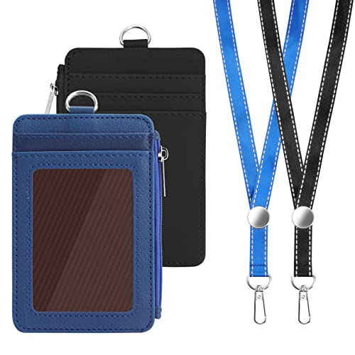 2 Stück Ausweishalter PU Leder Ausweishülle mit 48cm Band, Ausweis ID Kartenhalter mit Reißverschlussfach, Doppelseitig Leder Ausweishalter für Büro Schule Fahrkarten (Schwarz Blau)