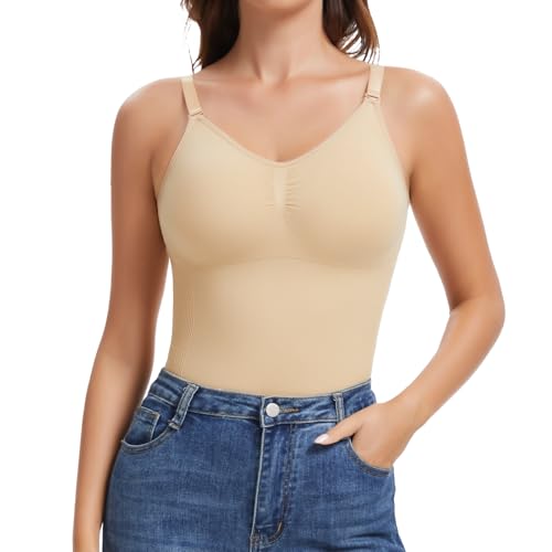 Joyshaper Damen BH Unterhemden Shapewear Bauchweg Unterhemd Figurformende Trägertop Gepolstert Kompression Tank Top Nahtlos Body Shaper,Beige, L