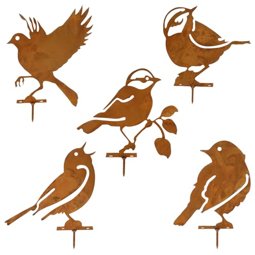 EOAMGO 5 Stück Rost Vogel Gartendeko Roststecker für Draußen, Metall Vogel Stecker mit Schraube für Gartendekoration