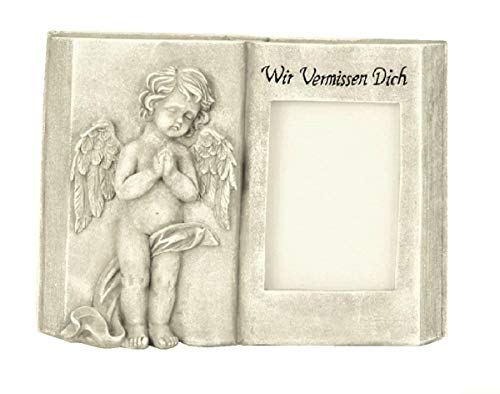 Geschenkestadl Grabschmuck aufgeschlagenes Buch mit Engel und Foto Fenster und Aufschrift Wir vermissen Dich Grabdekoration