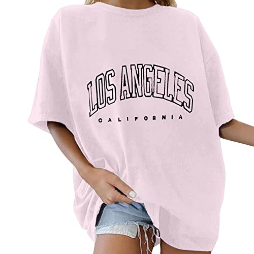 T Shirt Damen Oversize - Los Angeles Tshirt Damen Kurzarm,Sommer Oberteil Vintage Drucken T-Shirt Rundhals Sport Oberteile Lose Coole Streetwear Bluse Tunika Sweatshirt Lang Tops Teenager Mädchen