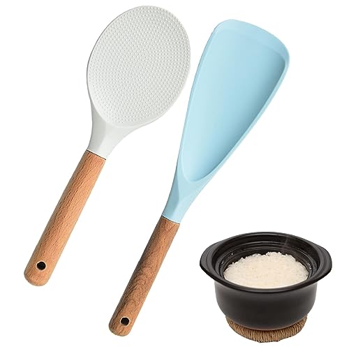 Reislöffel Set, stehender Reislöffel und Reisspatel mit Holzgriff hitzebeständige Silikon -Kochlöffel, die Löffel mit Loch zum Hängen servieren(COLOR:weiß+blau)